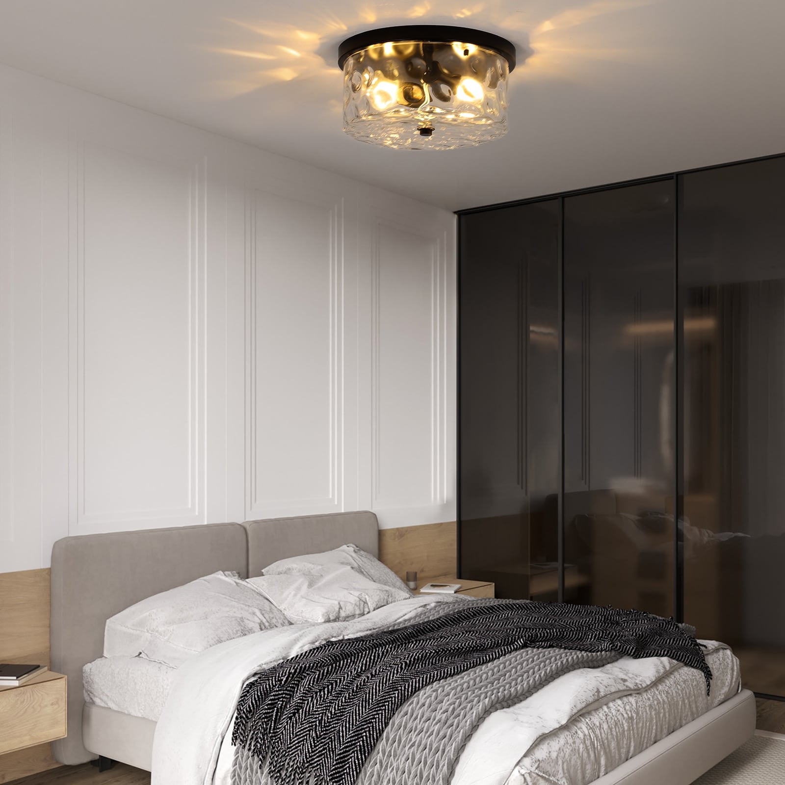 Plafonnier encastré à 2 lumières avec verre martelé transparent