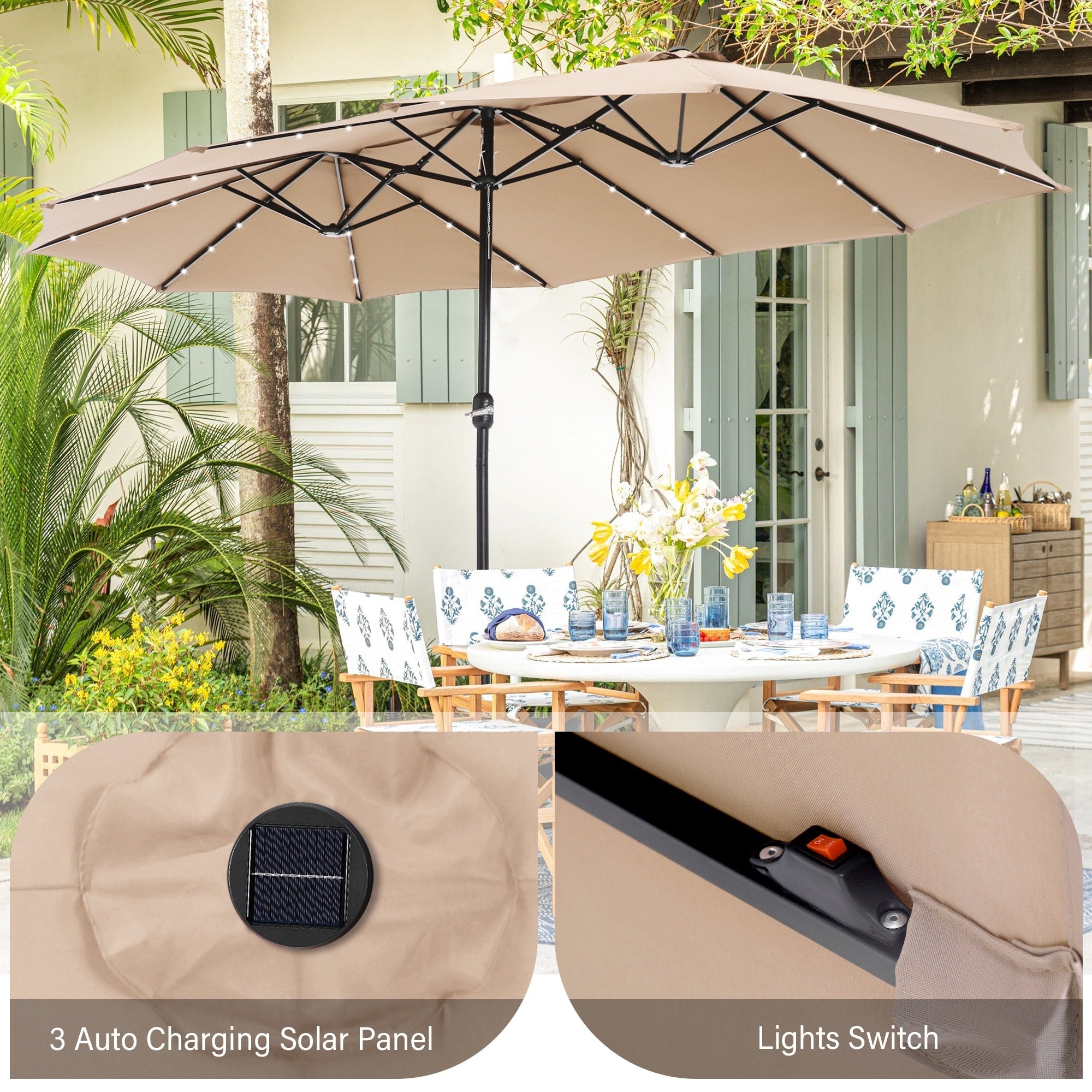Parasol de marché extérieur rectangulaire à manivelle double face de 15 pieds, parasol de patio éclairé par LED solaire avec base incluse