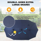 Parasol de marché extérieur rectangulaire à manivelle double face de 15 pieds, parasol de patio éclairé par LED solaire avec base incluse