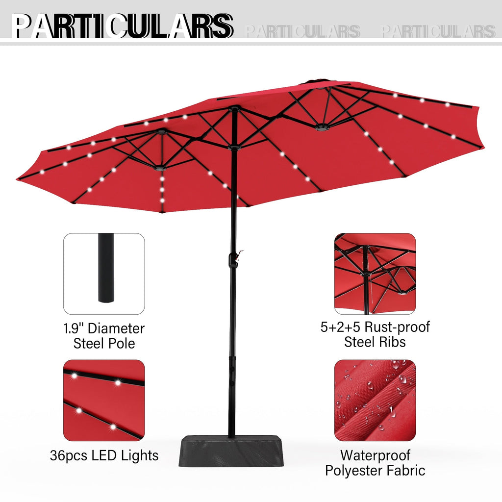 Parasol de marché extérieur rectangulaire à manivelle double face de 15 pieds, parasol de patio éclairé par LED solaire avec base incluse
