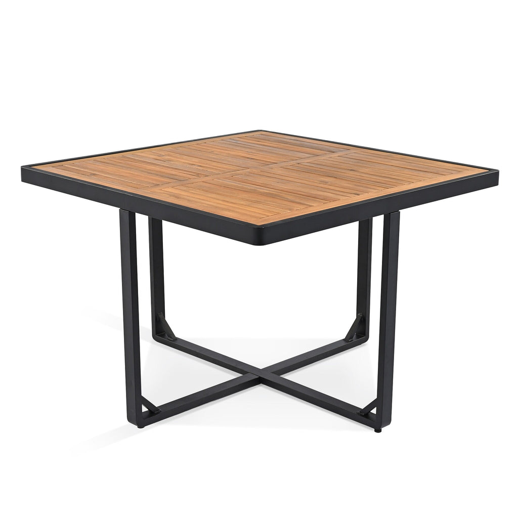 Ensemble de salle à manger de patio en bois d'acacia 18 pièces, 8 chaises rembourrées, 8 poufs et 2 tables carrées