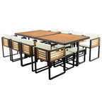 Ensemble de salle à manger de patio en bois d'acacia 18 pièces, 8 chaises rembourrées, 8 poufs et 2 tables carrées