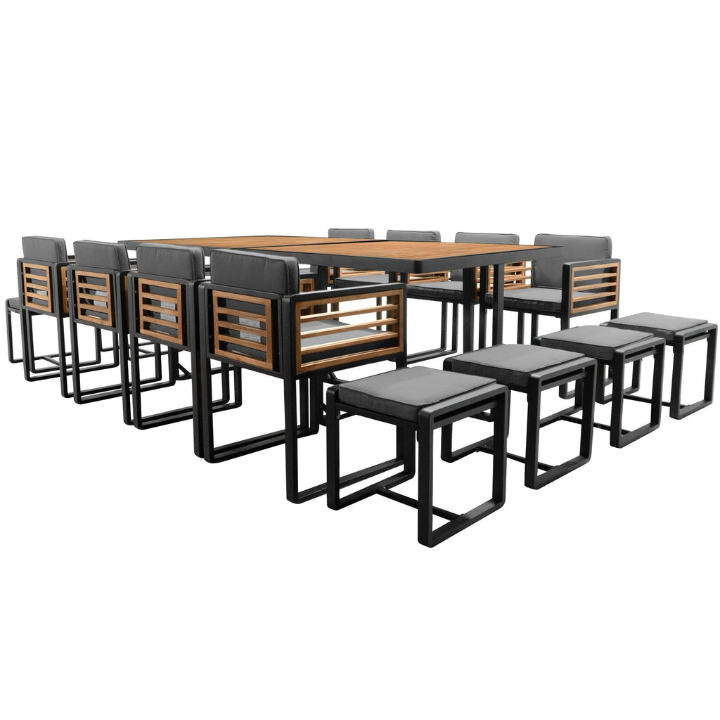 Ensemble de salle à manger de patio en bois d'acacia 18 pièces, 8 chaises rembourrées, 8 poufs et 2 tables carrées