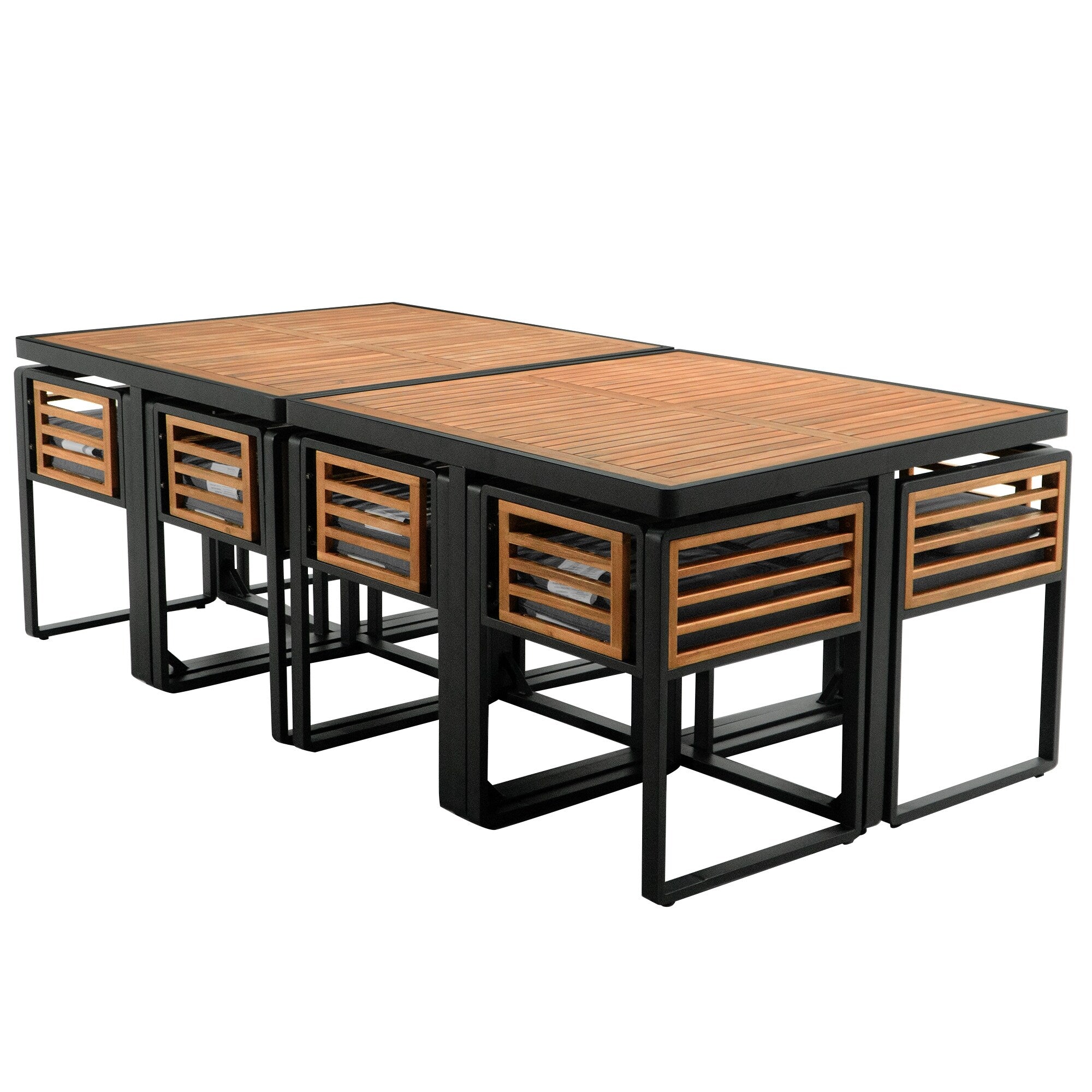 Ensemble de salle à manger de patio en bois d'acacia 18 pièces, 8 chaises rembourrées, 8 poufs et 2 tables carrées