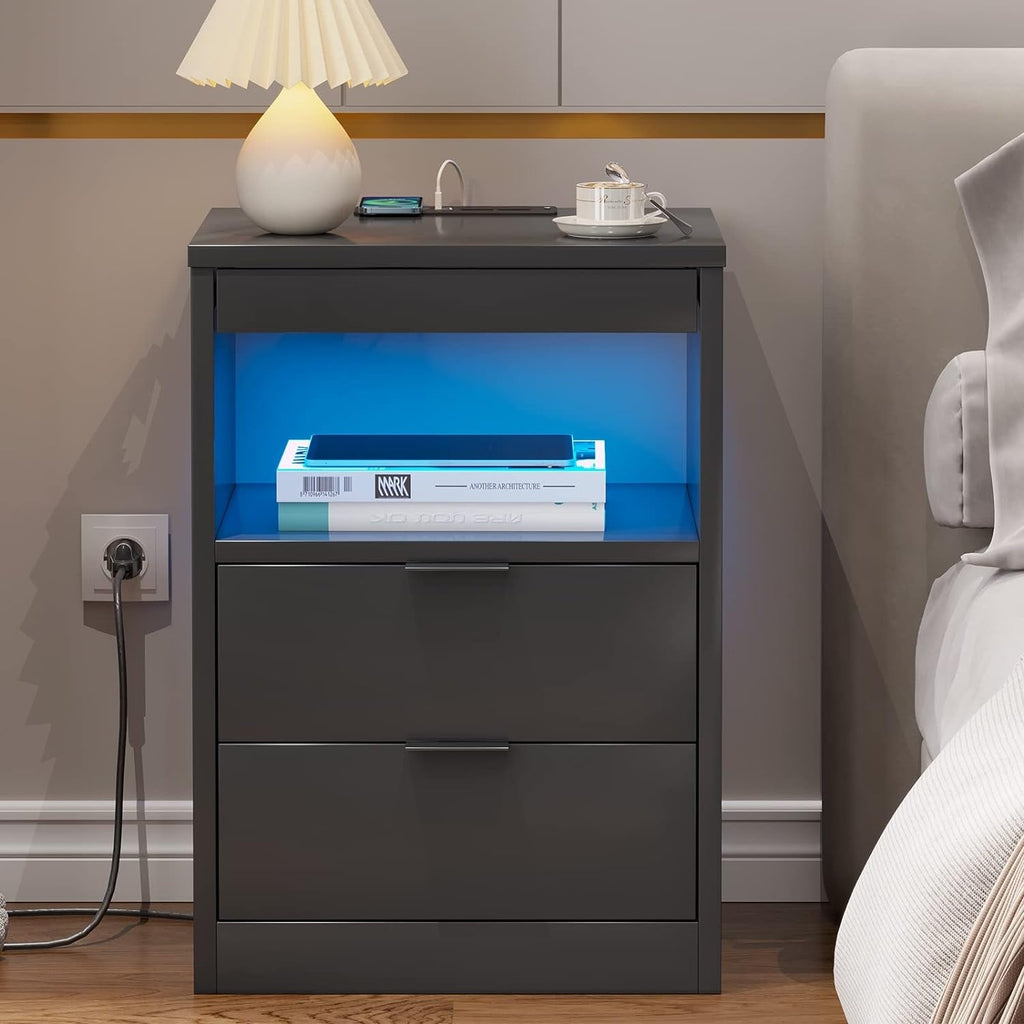 Table de chevet à 2 tiroirs avec LED, station de charge sans fil et étagère coulissante