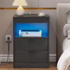 Table de chevet à 2 tiroirs avec LED, station de charge sans fil et étagère coulissante