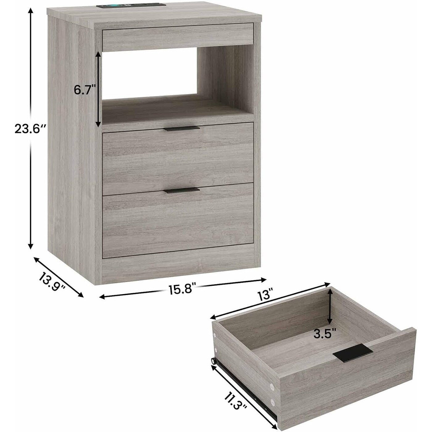 Table de chevet à 2 tiroirs avec LED, station de charge sans fil et étagère coulissante