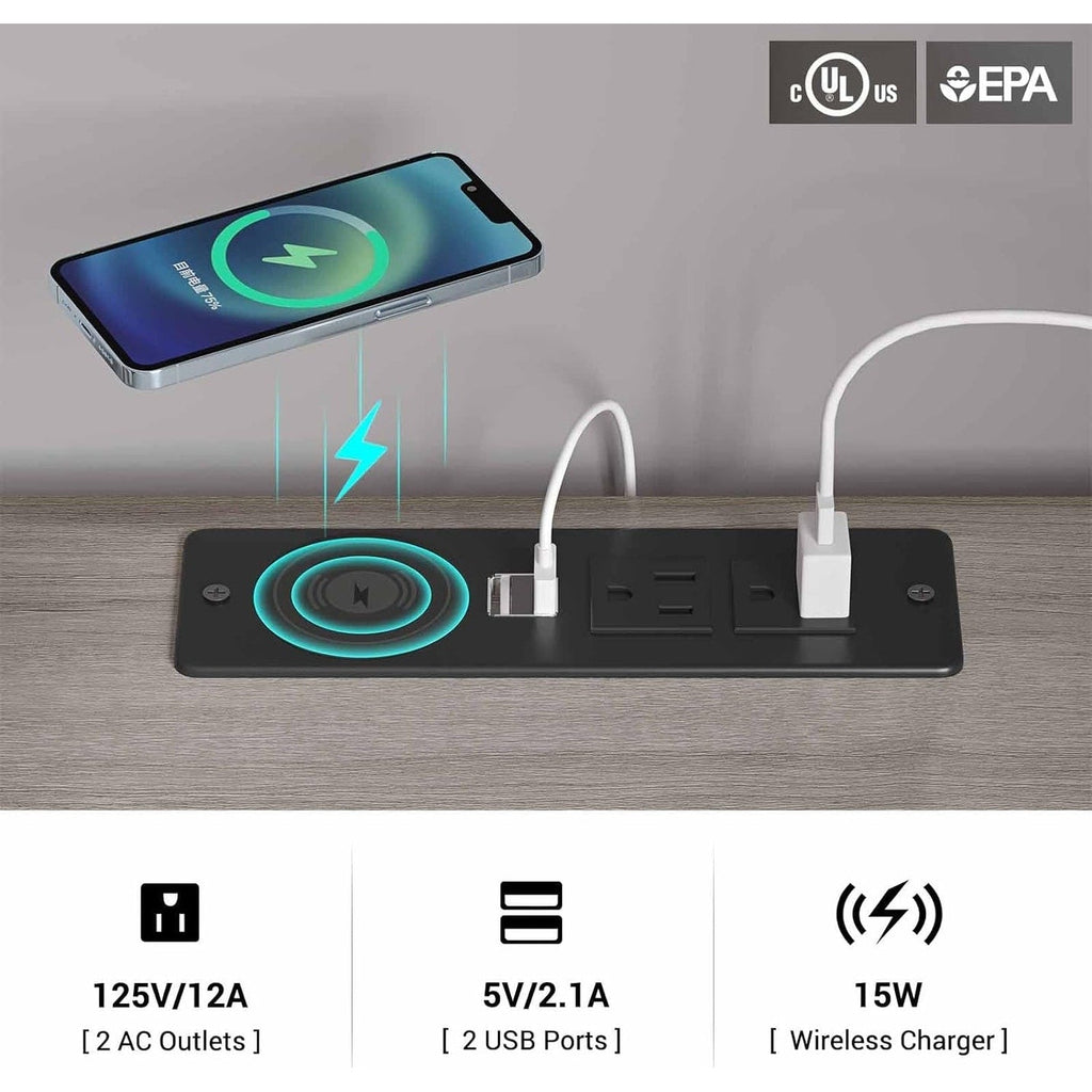 Table de chevet à 2 tiroirs avec LED, station de charge sans fil et étagère coulissante