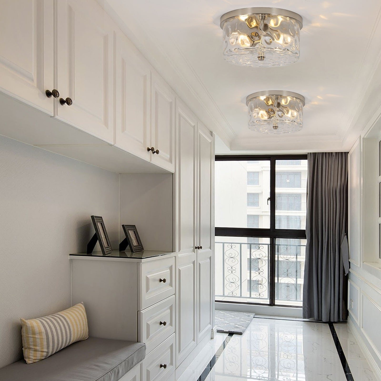 Plafonnier encastré à 2 lumières avec verre martelé transparent