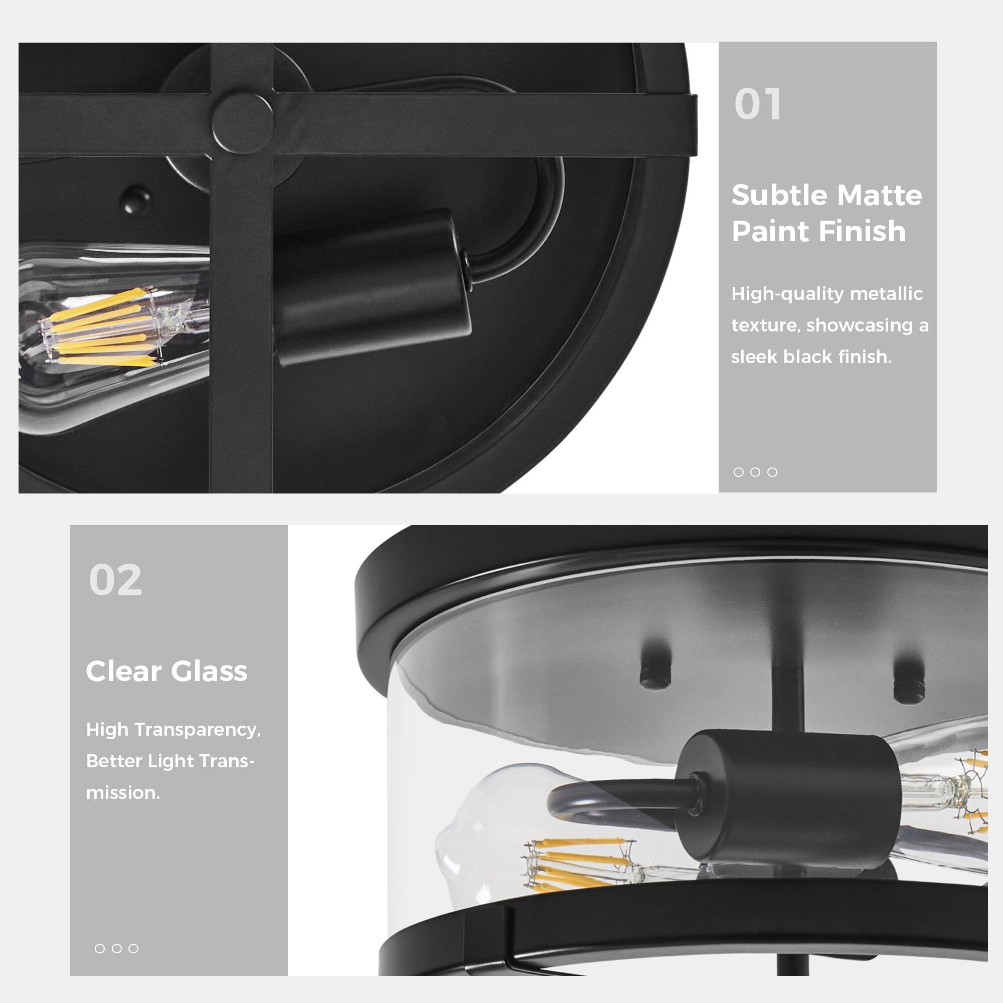 Plafonnier encastré à 2 lumières en verre transparent avec cadre en métal