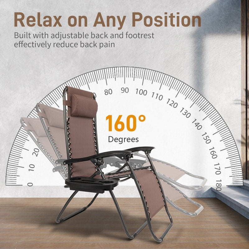 Chaise longue pliable portable à gravité zéro, 2 pièces, avec porte-gobelet