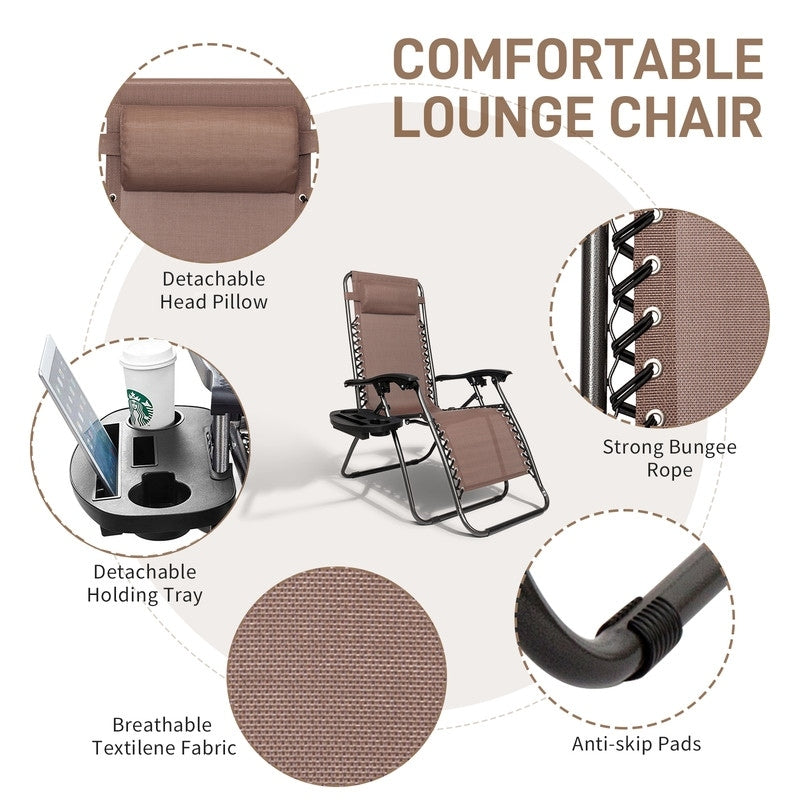 Chaise longue pliable portable à gravité zéro, 2 pièces, avec porte-gobelet