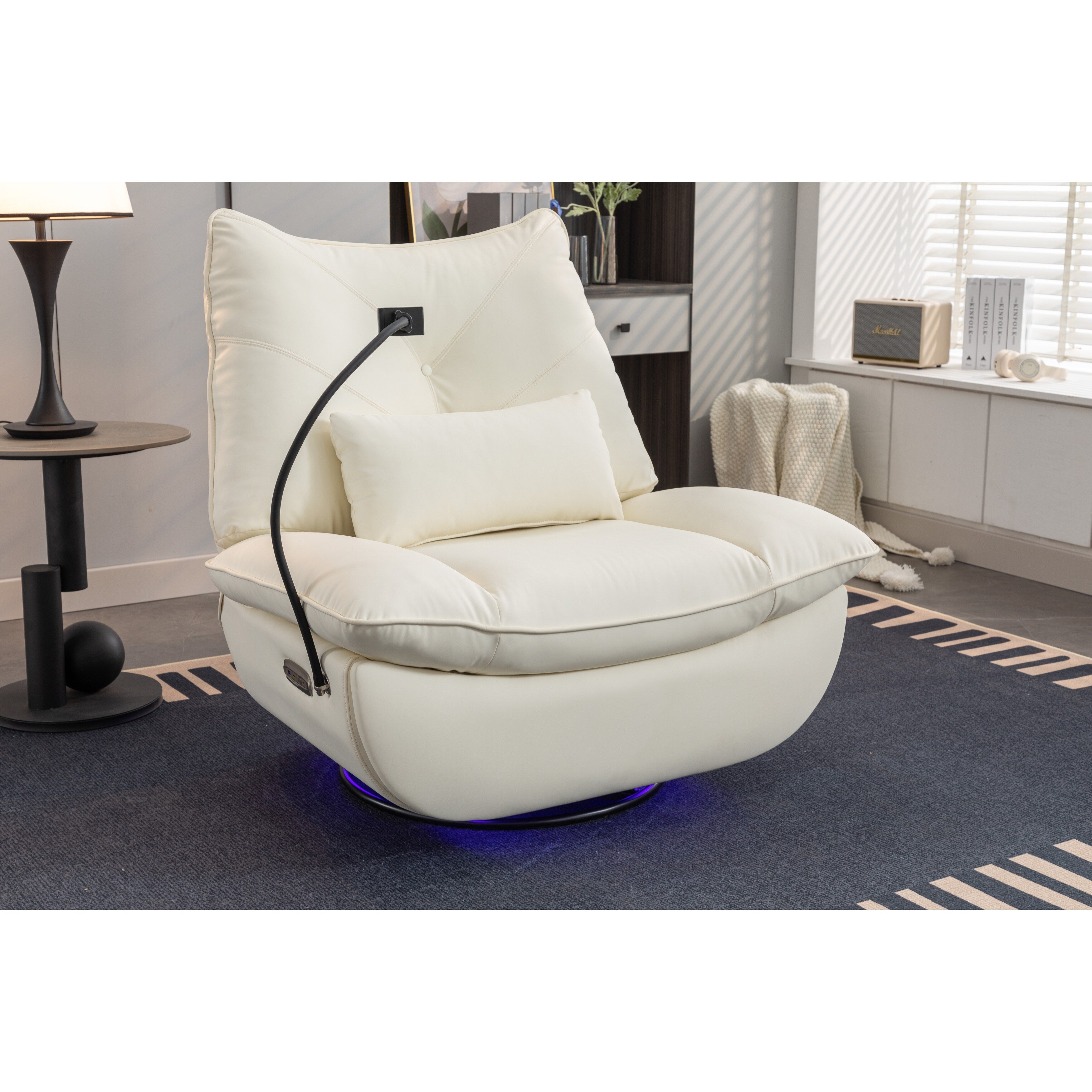 Fauteuil inclinable pivotant et électrique avec haut-parleurs Bluetooth, support de téléphone, ports de chargement USB et Type-C, rangement dissimulé des accoudoirs