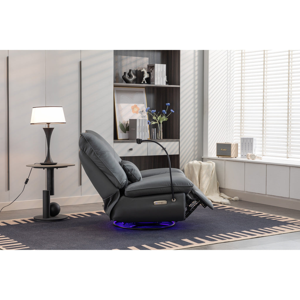 Fauteuil inclinable pivotant et électrique avec haut-parleurs Bluetooth, support de téléphone, ports de chargement USB et Type-C, rangement dissimulé des accoudoirs