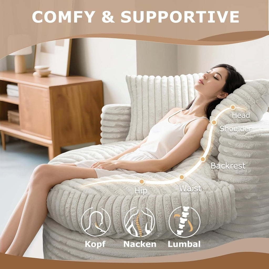 WOWMAX 47 Chaise longue ronde d'intérieur, canapé de sol rembourré en velours côtelé, fauteuil-lit surdimensionné avec 2 coussins décoratifs