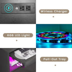 Table de chevet à 2 tiroirs avec LED, station de charge sans fil et étagère coulissante