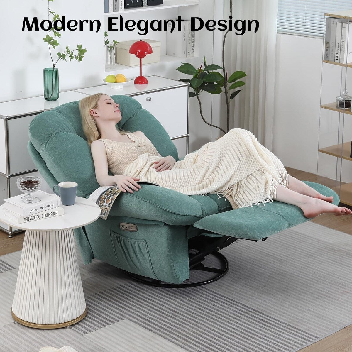 Fauteuil inclinable pivotant électrique XINMICS, fauteuils inclinables à bascule massants avec chauffage, USB, USB-C et poche latérale